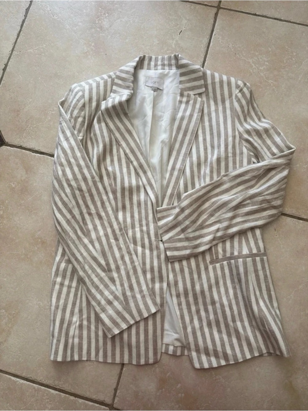 LOFT Beige and White Striped Linen-Blend Blazer